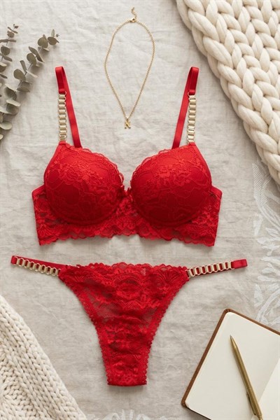 Dantelli Destekli Sütyen Zincirli Takım Kırmızı