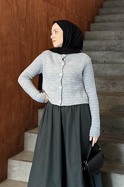 Links Desenli Crop Hırka Gri