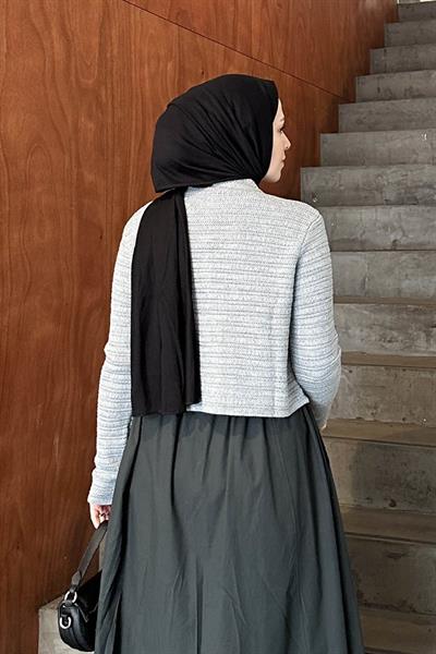 Links Desenli Crop Hırka Gri