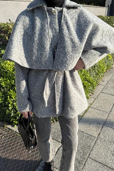 Bağlama Detaylı Pelerinli Kaban Gri