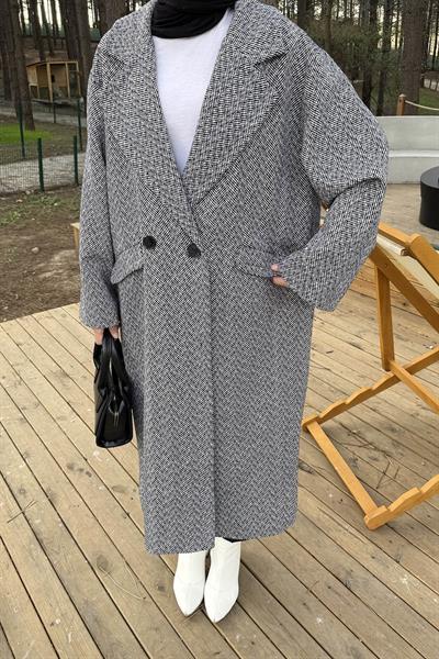 Balıksırtı Desen Bağlama Detaylı Kaban Gri