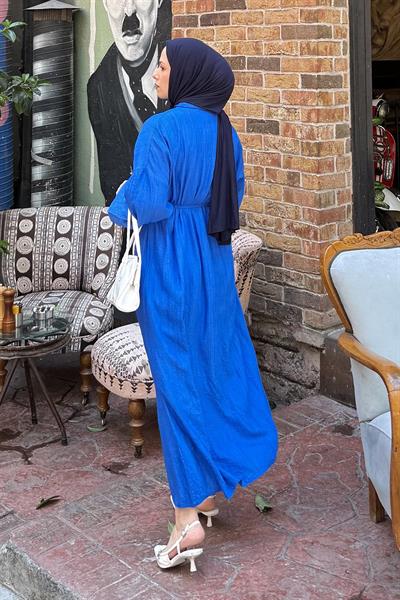 Pat Detaylı Elbise Saks Mavisi