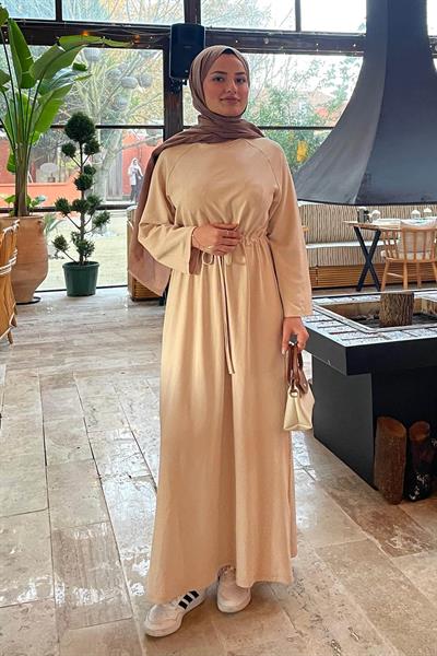 Bel Tünel Detaylı Elbise Bej
