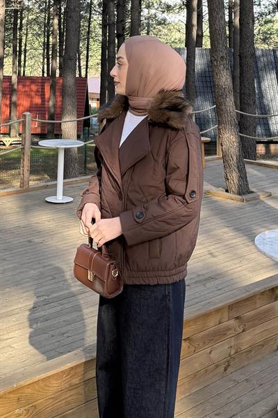 Kürk Yaka Düğmeli Mont Çikolata Kahve