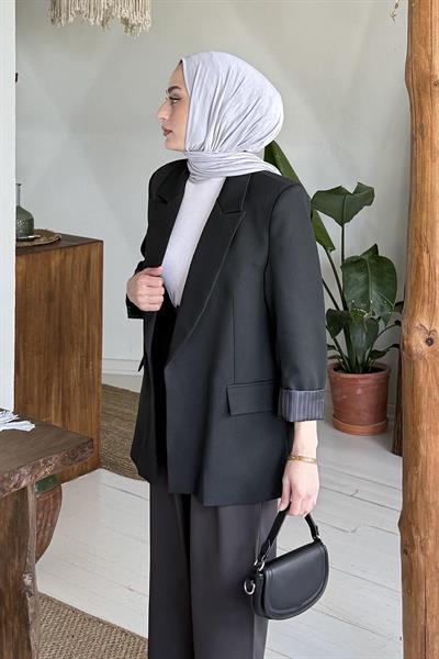 Çizgili Astarlı Tesettür Ceket Siyah