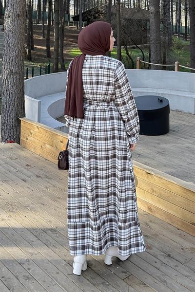 Ekose Desen Elbise Taş