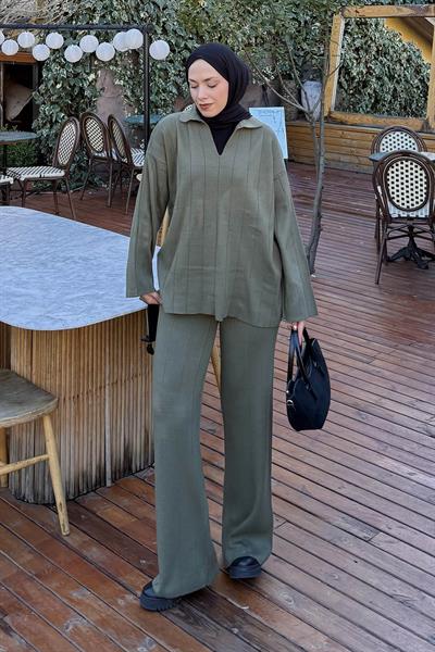Yaka Detay İkili Tesettür Takım Haki