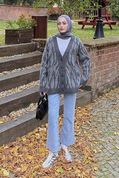 Zebra Desen Hırka Gri