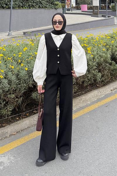 V Yaka Yelekl Takım Siyah