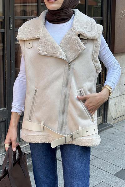 Kürk Detaylı Süet Yelek Bej