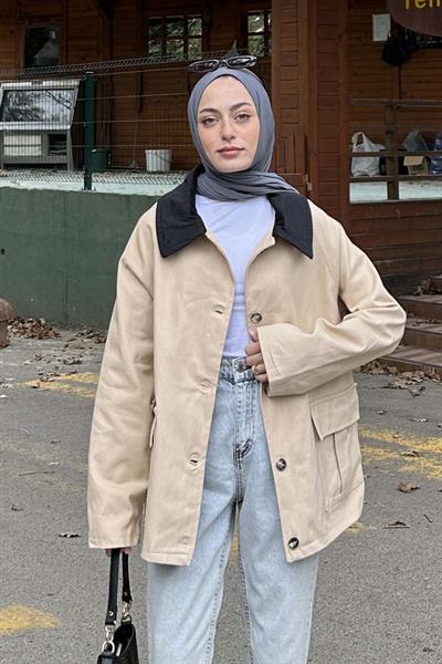 Yaka Detaylı Düğmeli Gabardin Ceket vizonrengi