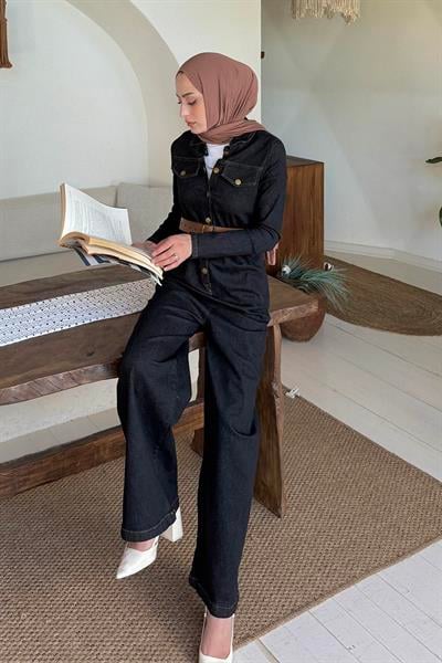 Düğme Kapama Kemerli Tulum Siyah