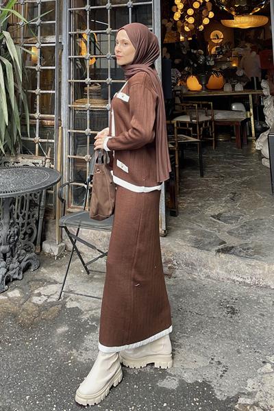 Cep Detaylı Düğme Detaylı Triko Takım Acı Kahverengi