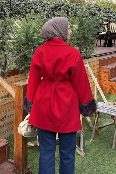 Kol Kürk Detaylı Kaşe Kaban Nar çiçeği