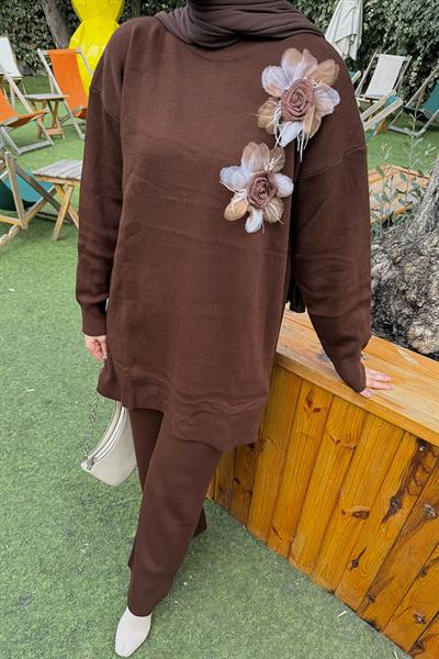 Aksesuarlı Triko Takım Acı Kahverengi