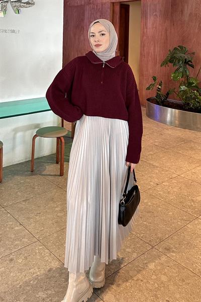 Yaka Fermuarlı Crop Triko Kazak Bordo