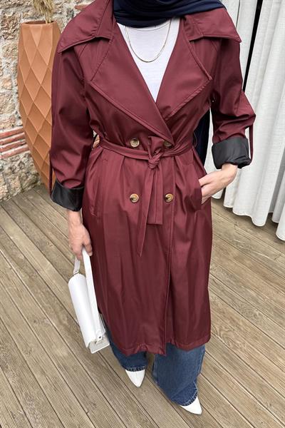 Kolu Katlamalı Trenç Bordo