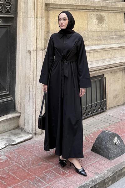 Ön Bağlama Detaylı Tesettür Elbise Siyah