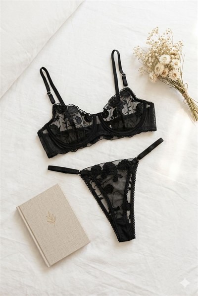 Nakışlı Dantelli İp Askılı Sütyen Takım Siyah