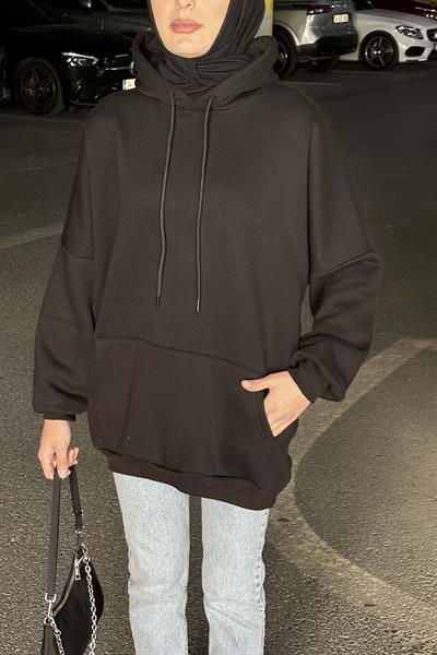 Üç İplik Kanguru Cep Sweatshirt Siyah