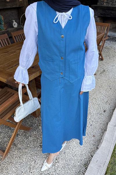 Gabardin Yelek-Etek İkili Tesettür Takım Mavi