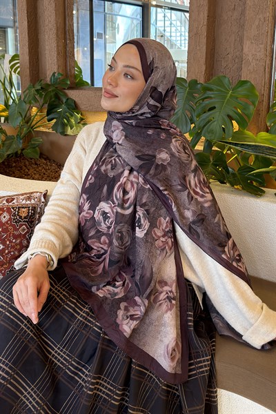 Çiçek Desen Bambu Şal Eflatun