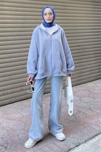 Kapüşonlu Oversize Yan Cepli Sweat Gri