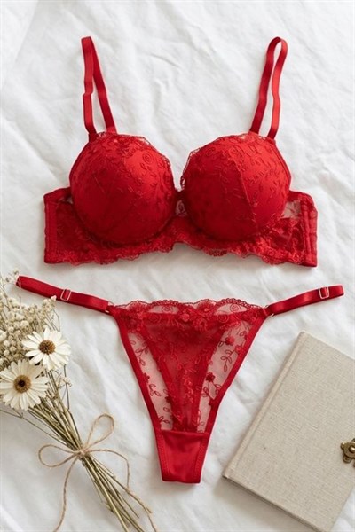 Destekli Brode Sütyen Takımı Kırmızı