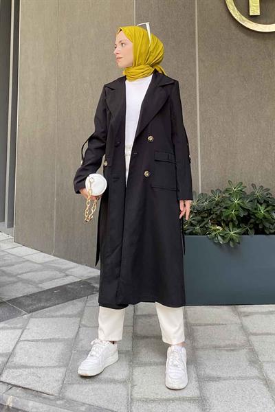 Pelican Ön Düğmeli Trençkot Siyah