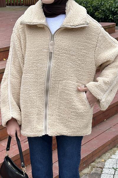 Biye Detaylı Tedy Peluş Mont Sütlü Kahve