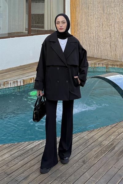 Omuz Apoletli Kısa Trençkot Siyah