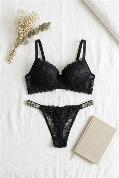 Dantel Taşlı Destekli Sütyen Takımı Siyah