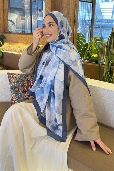 Batik Çiçek Desen Bambu Şal İndigo