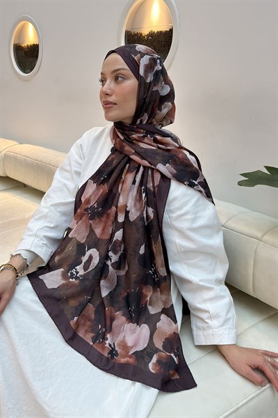 Batik Çiçek Desen Bambu Şal Kahverengi