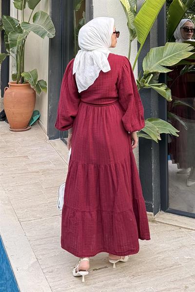 Bel Büzgülü Tesettür Elbise Bordo