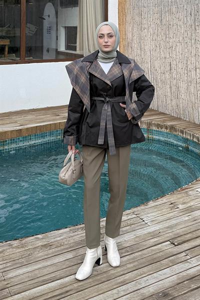 Ekose Yaka Bağlama Detaylı Mont Koyu Kahve