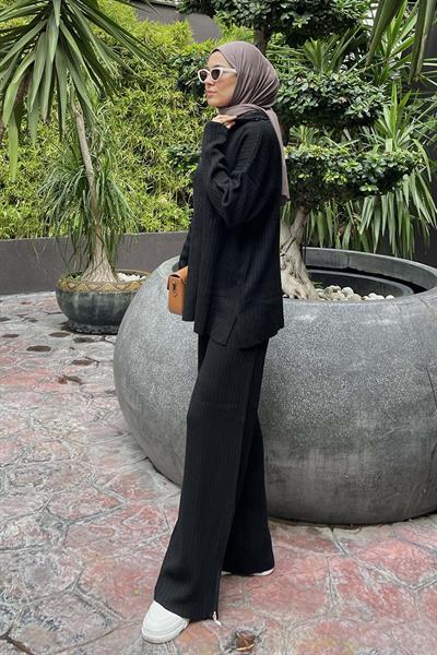 Fermuar Detaylı Pantolon Tesettür Takım Siyah