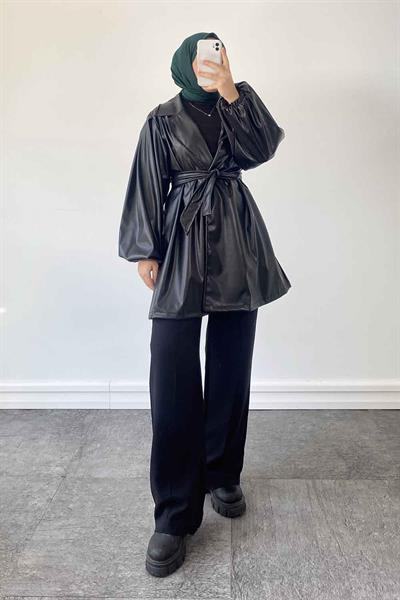 Kruvaze Yaka Deri Trenç Siyah