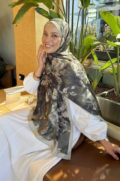 Gül Çiçek Desen Lara Soft Şal Haki