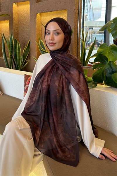 Gül Çiçek Desen Ferah Şal Koyu Kahve