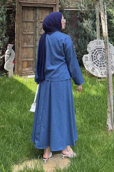 Bağlama Detaylı Etekli Takım İndigo