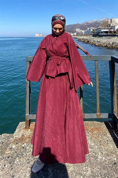 Bağcıklı Etek-Bluz İkili Takım Bordo