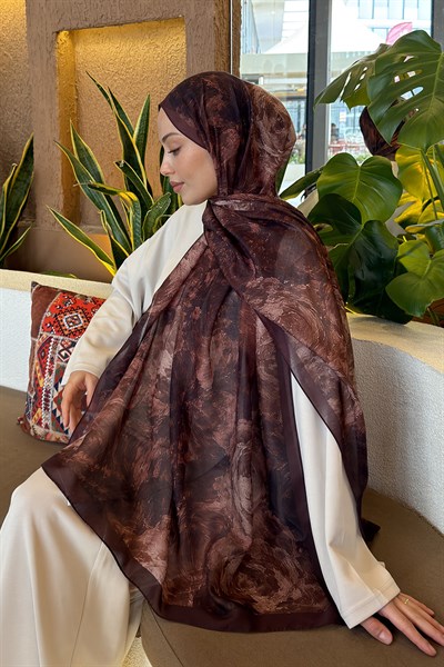 Gül Çiçek Desen Ferah Şal Acı Kahverengi