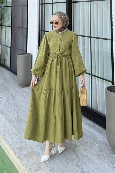 Bel Büzgülü Tesettür Elbise Çağla Yeşili