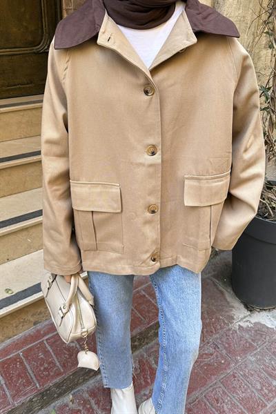 Yaka Detaylı Düğmeli Gabardin Ceket Camel