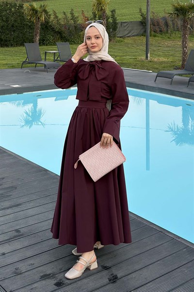 Kravat Yaka Tesettür Takım Mürdüm