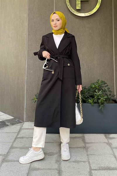 Pelican Ön Düğmeli Trençkot Siyah