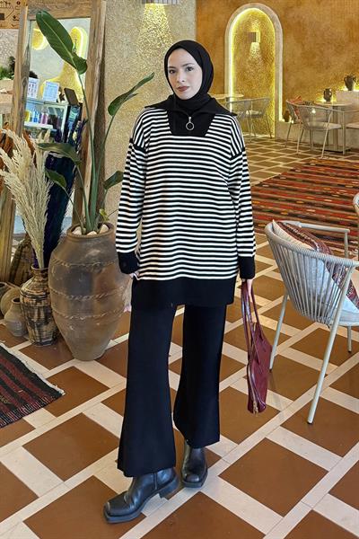 Çizgili Balıkçı Yaka Triko Takım Siyah