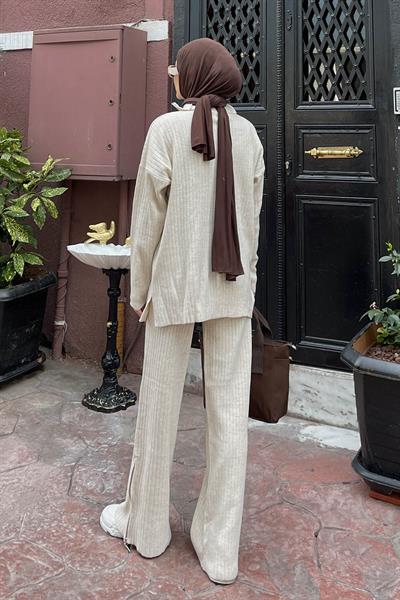 Fermuar Detaylı Pantolon Tesettür Takım Krem