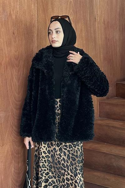 Peluş Detaylı Mont Siyah